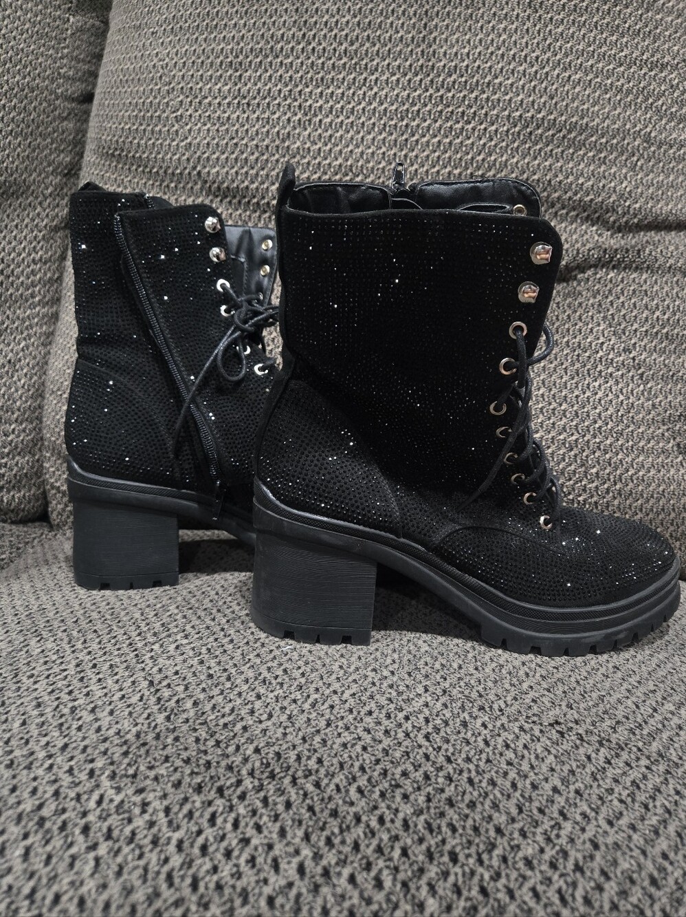 Madden Girl Black Rhinestone Lace-Up Block Heel Boots - Women's